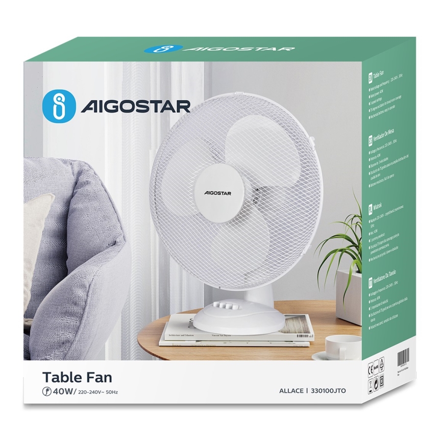 Aigostar - Galda ventilators 40W/230V balta