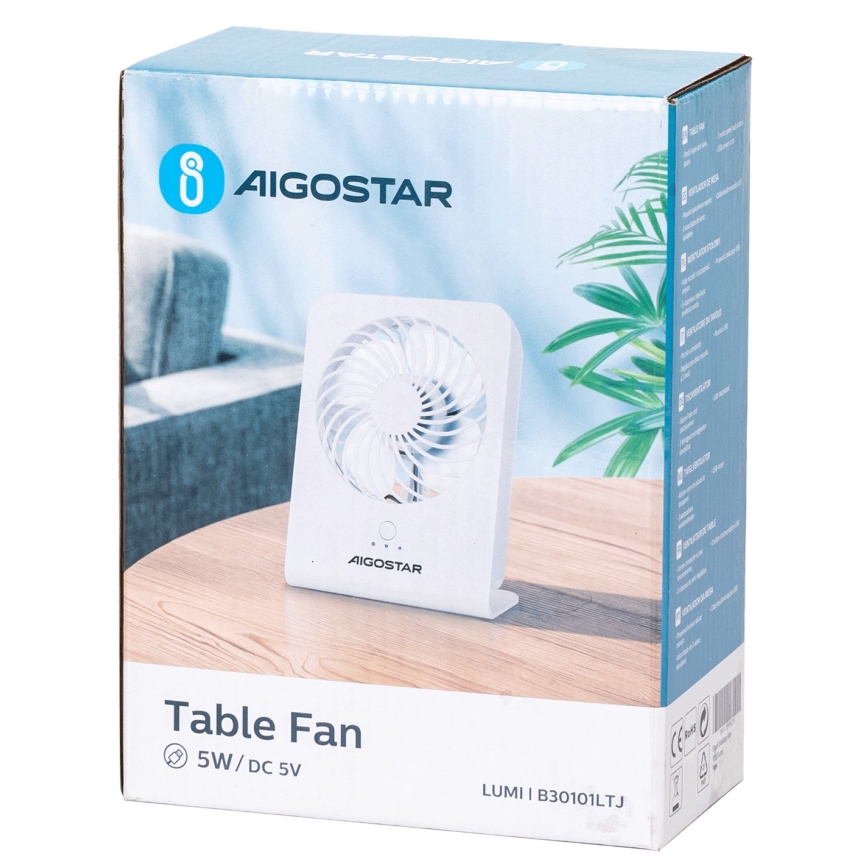 Aigostar - Galda ventilators 5W/5V balta