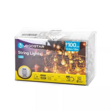 Aigostar - LED Ziemassvētku āra virtene 100xLED/3xAA/8 funkcijas 10,3 m IP44 silti balta