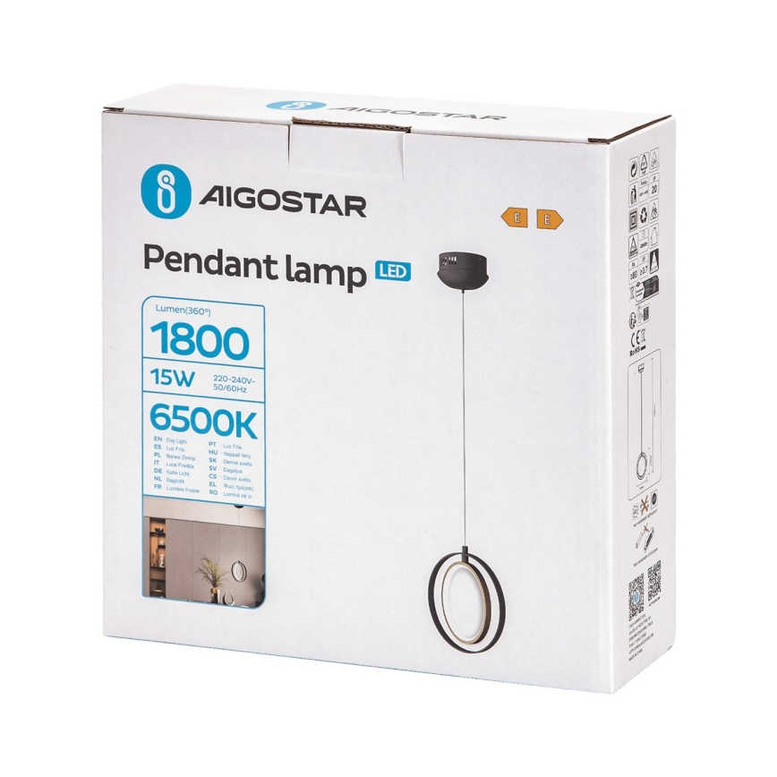 Aigostar - LED Lustra ar auklu LED/15W/230V 6500K melna