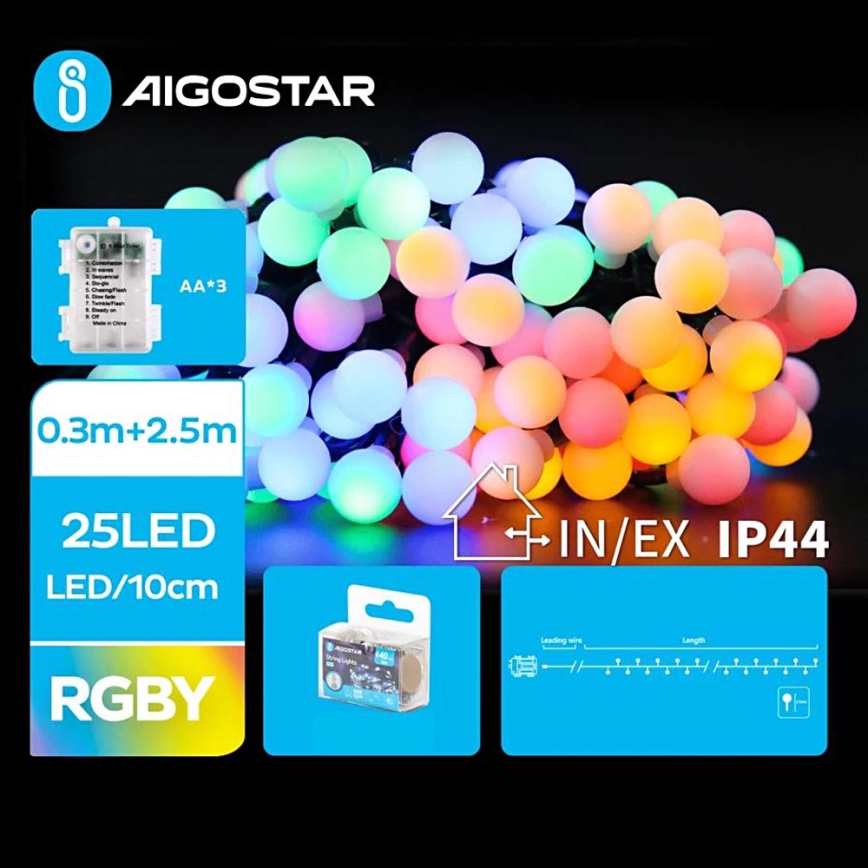 Aigostar - LED RGBY Āra Ziemassvētku virtene 25xLED/3xAA/8 funkcijas 2,8 m IP44