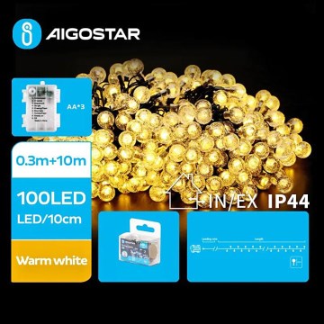 Aigostar - LED Ziemassvētku āra virtene 100xLED/3xAA/8 funkcijas 10,3 m IP44 silti balta