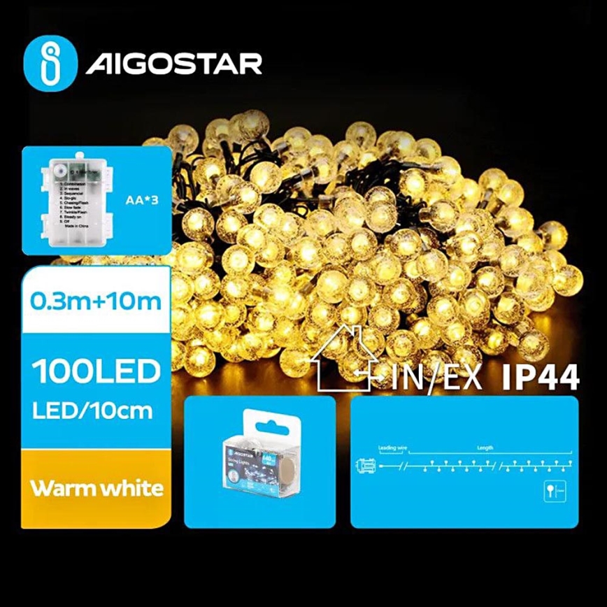 Aigostar - LED Ziemassvētku āra virtene 100xLED/3xAA/8 funkcijas 10,3 m IP44 silti balta