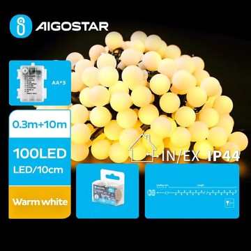 Aigostar - LED Ziemassvētku āra virtene 100xLED/3xAA/8 funkcijas 10,3 m IP44 silti balta