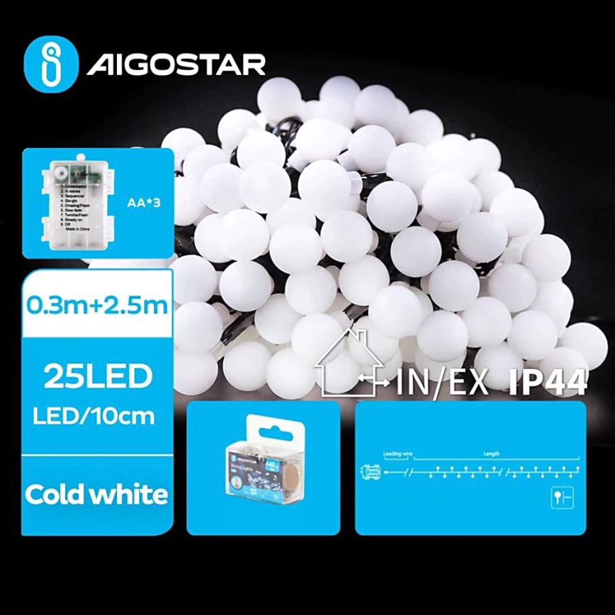 Aigostar - LED Ziemassvētku āra virtene 25xLED/3xAA/8 funkcijas 2,8 m IP44 vēsi balts