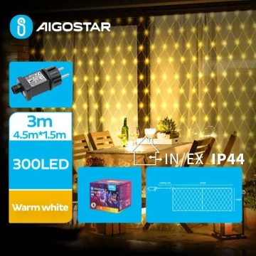 Aigostar - LED Ziemassvētku āra virtene 300xLED/8 funkcijas 7,5x1,5m IP44 silti balta