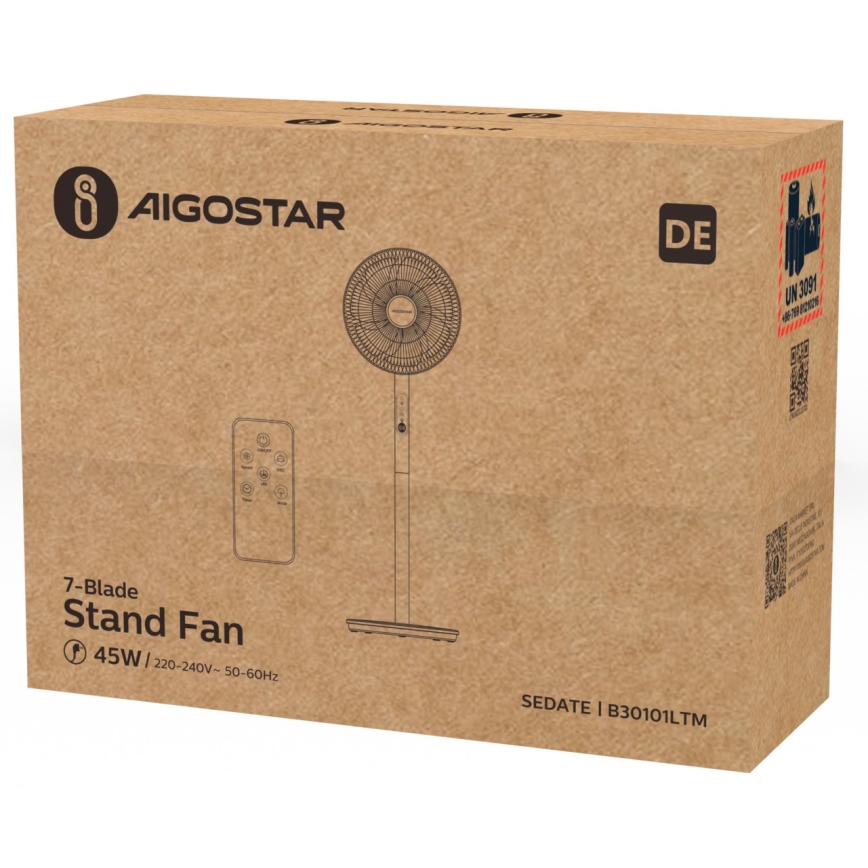 Aigostar - Statīva ventilators 45W/230V balta + tālvadības pults
