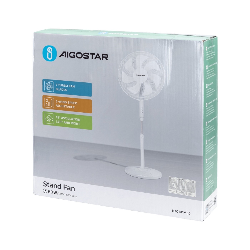 Aigostar - Statīva ventilators 60W/230V balta