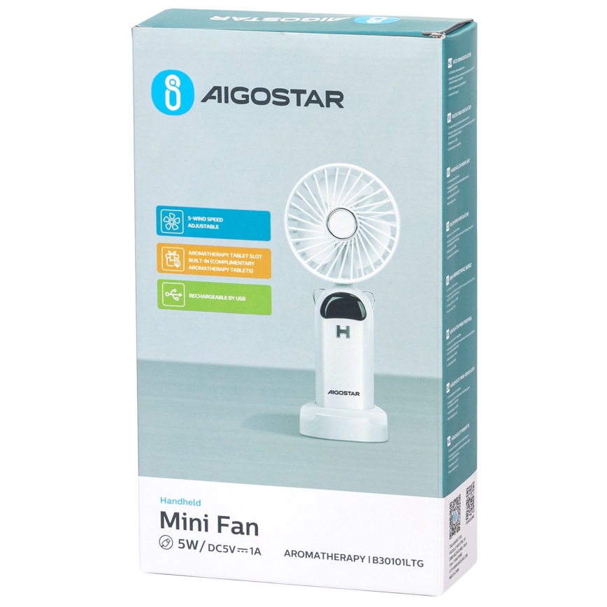 Aigostar - Uzlādējams portatīvais ventilators 4W/5V 1200mAh balta