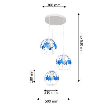 Bērnu lustra ar auklu STARS 3xE27/15W/230V zila/balta