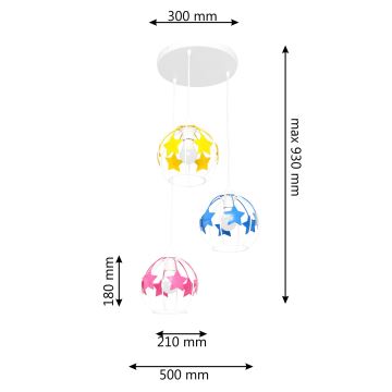 Bērnu lustra ar auklu STARS 3xE27/15W/230V zila/rozā/dzeltena