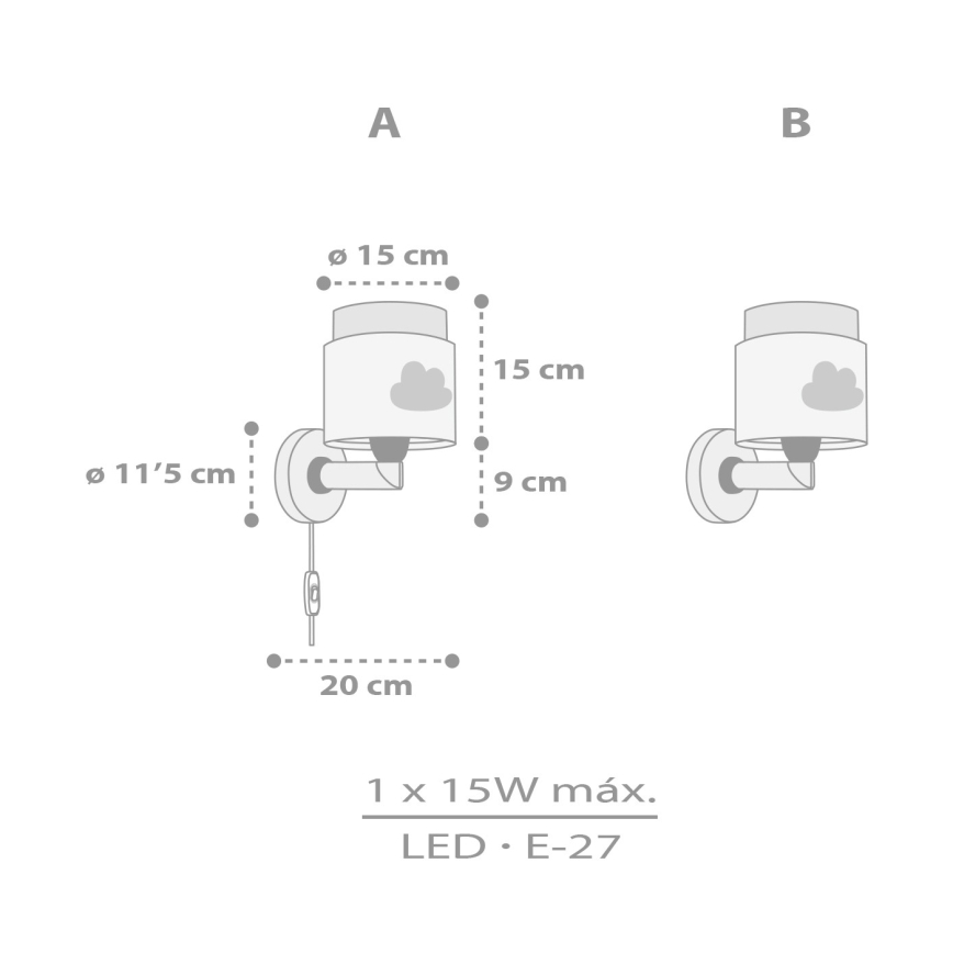 Dalber 76019E - Bērnu sienas lampa BABY DREAMS 1xE27/15W/230V pelēka