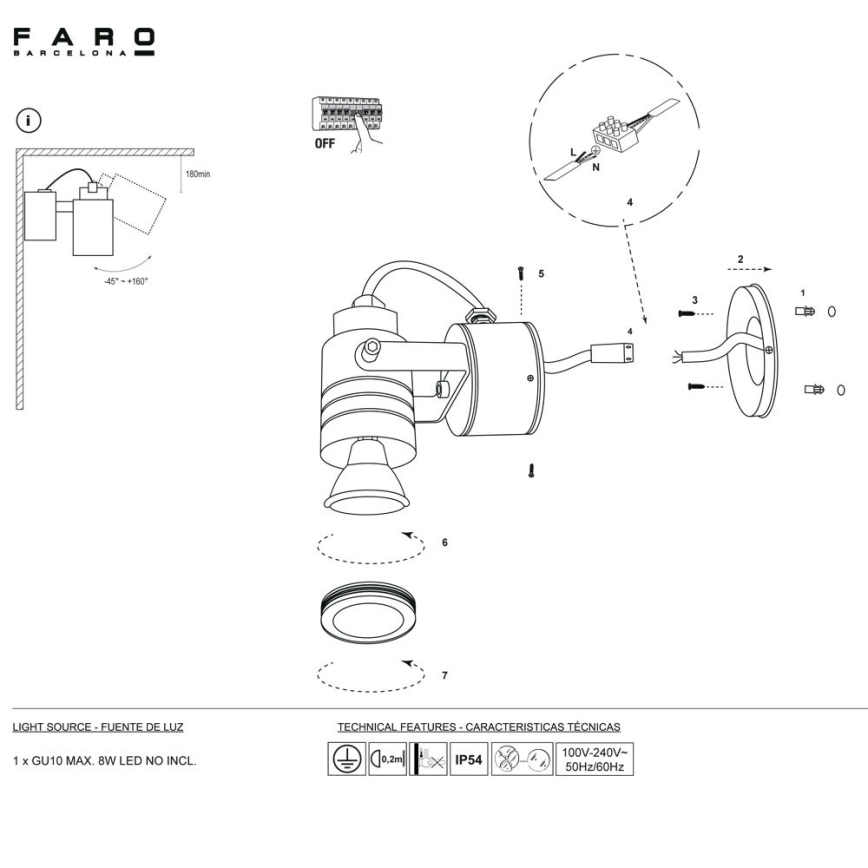 FARO 70260 - Āra sienas gaismeklis LIT 1xGU10/8W/230V IP54