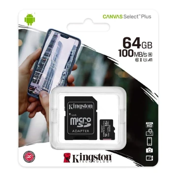 Kingston - MicroSDXC 64GB Canvas Select Plus U1 100MB/s + SD adapteris
