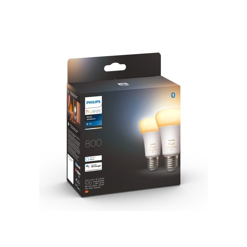 KOMPLEKTS 2xLED Aptumšojama spuldze Philips Hue WHITE AMBIANCE E27/6W/230V 2200-6500K