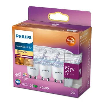 KOMPLEKTS 3x LED Aptumšojama spuldze Philips Warm Glow GU10/3,8W/230V 2200-2700K CRI 90