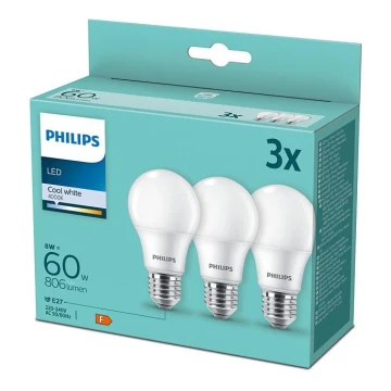 KOMPLEKTS 3xLED Spuldze Philips A60 E27/8W/230V 4000K