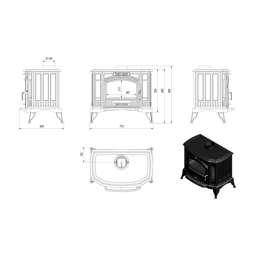 Kratki - Čuguna kamīns 10kW 150mm