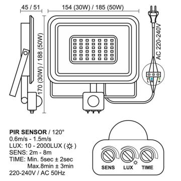 LED Āra prožektors ar sensoru LED/50W/230V 4000K IP44 melna