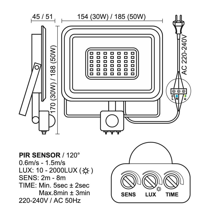 LED Āra prožektors ar sensoru LED/50W/230V 4000K IP44 melna