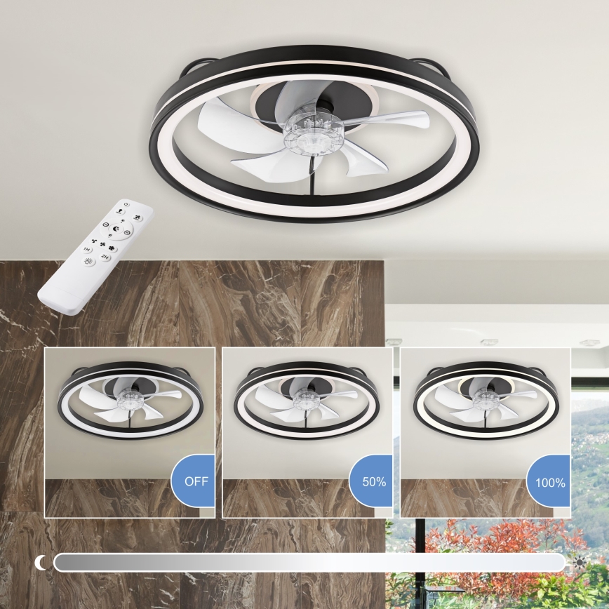 LED Aptumšojama griestu lampa ar ventilatoru FARGO LED/37W/230V melna + tālvadības pults