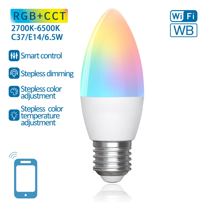 LED RGBW Aptumšojama spuldze C37 E27/6,5W/230V 2700-6500K Wi-Fi - Aigostar