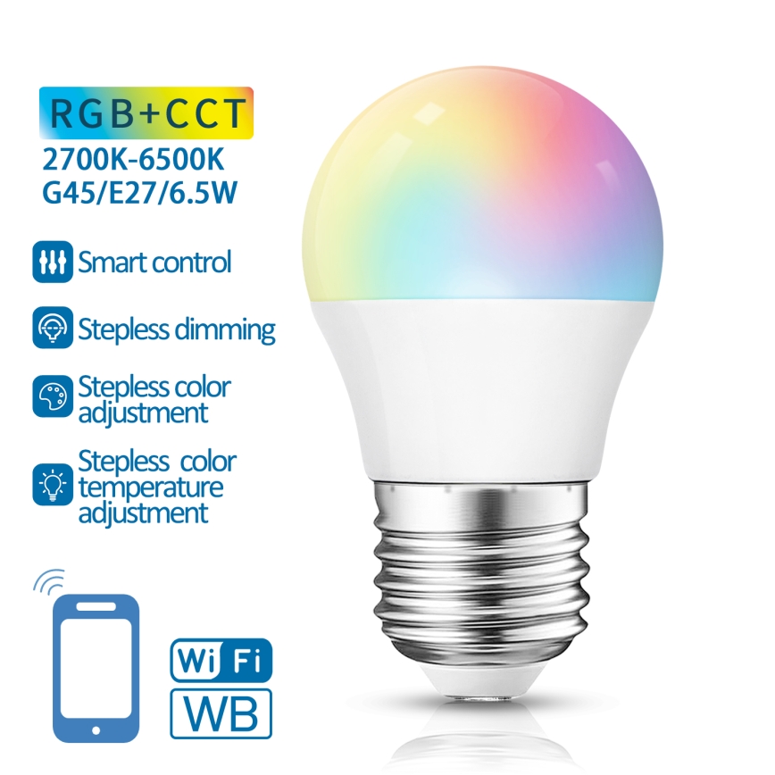 LED RGBW Aptumšojama spuldze G45 E27/6,5W/230V 2700-6500K Wi-Fi - Aigostar