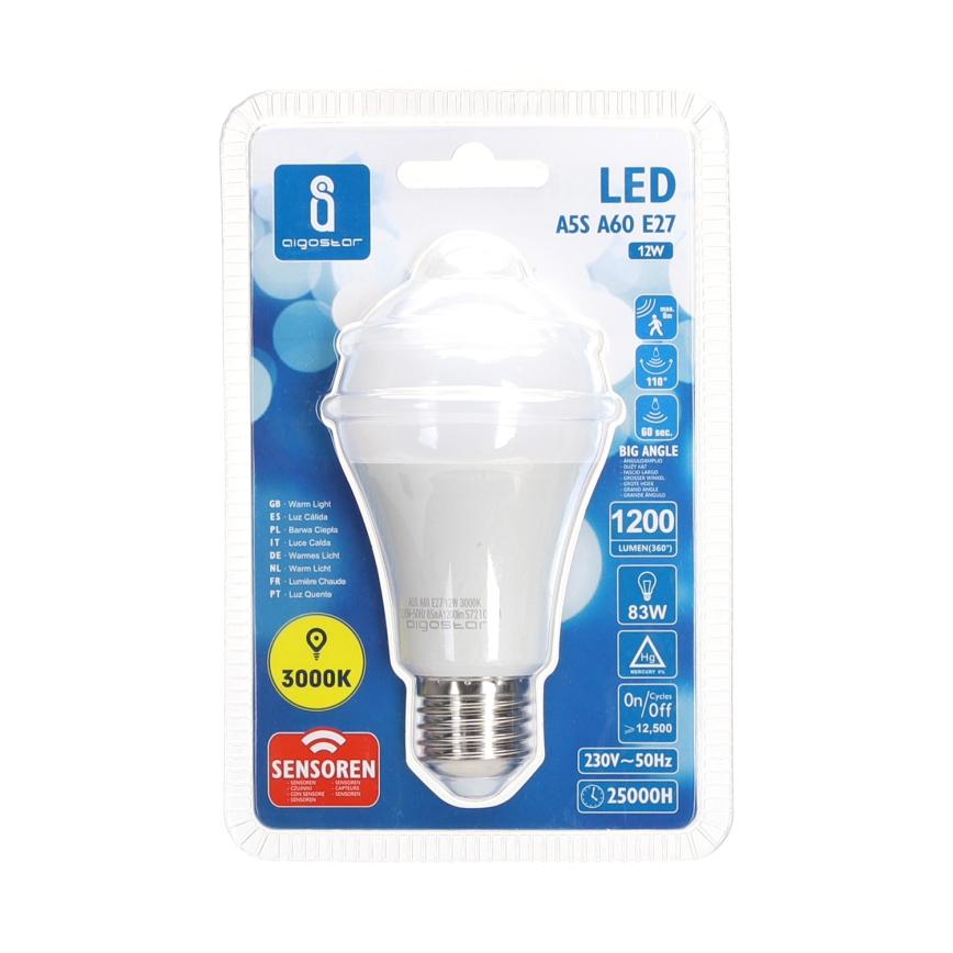 LED Spuldze ar kustību un krēslas sensoru A60 E27/12W/230V 3000K - Aigostar