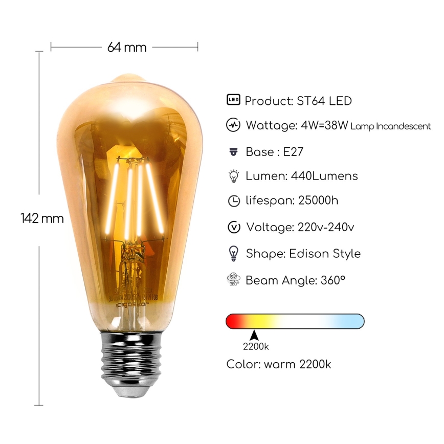 LED spuldze ST64 E27/4W/230V 2200K - Aigostar