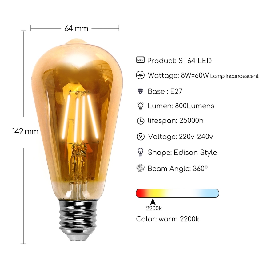 LED spuldze ST64 E27/8W/230V 2200K - Aigostar
