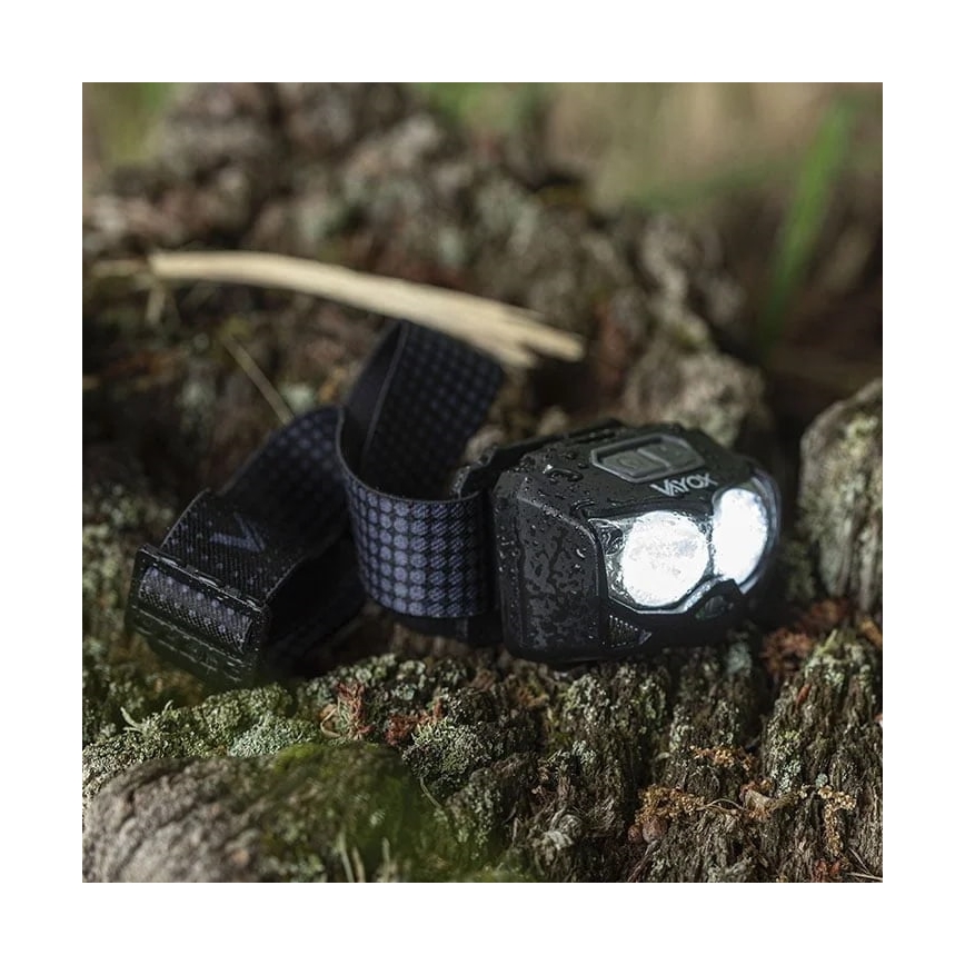 LED Aptumšojama uzlādējama galva lampa ar sensoru un sarkana lampa 2xLED/5W/5V/3xAAA IP65 500 lm 10,5 h 1200 mAh