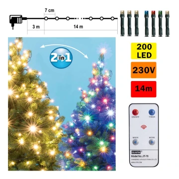 LED Ziemassvētku āra virtene 200xLED 17m IP44 silti balta/daudzkrāsaina+ tālvadības pults