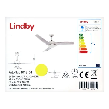 Lindby - Griestu ventilators EMANUEL 2xE14/42W/230V + tālvadības pults