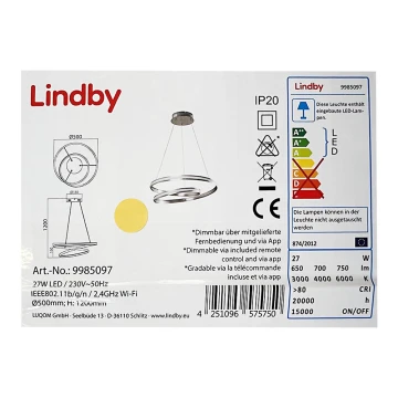 Lindby - LED Aptumšojama lustra ar auklu SMART VERIO LED/27W/230V 3000/4000/6000K + TP