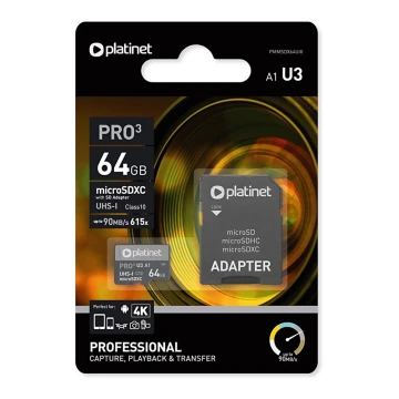 MicroSDXC 64GB U3 Pro A1 90MB/s + SD Adapteris