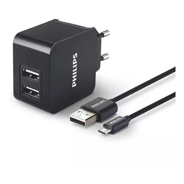 Philips DLP2307U/12 - Lādēšanas adapteris 2xUSB/15,5W/230V + vads micro USB 1m