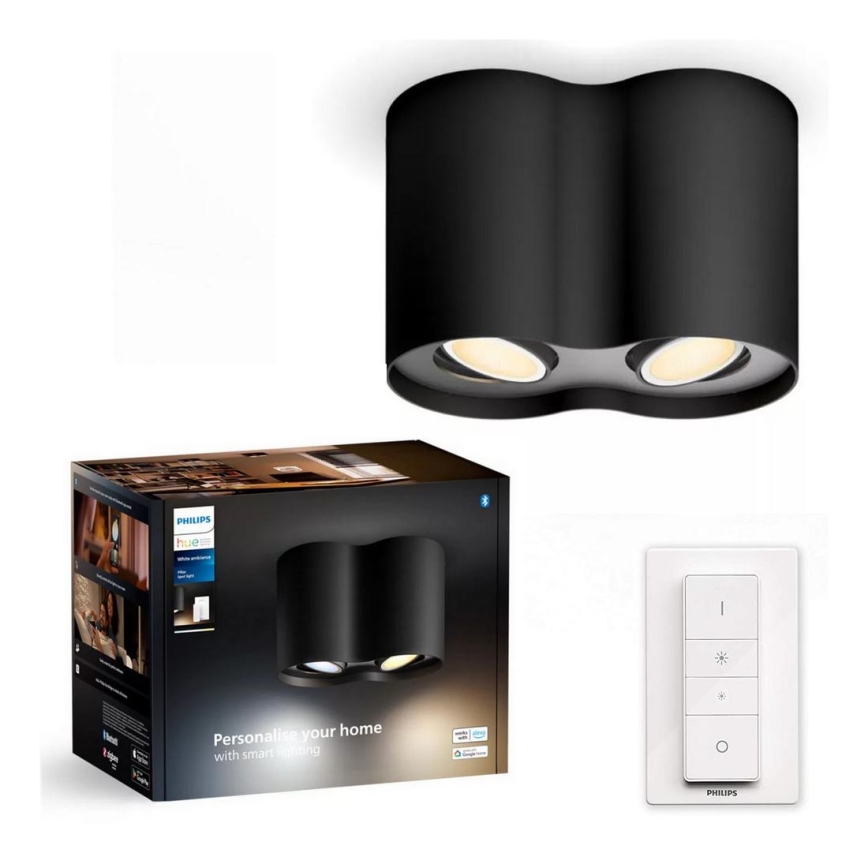 Philips - LED Aptumšojams starmetis Hue PILLAR 2xGU10/4,2W/230V 2200-6500K + tālvadības pults melna