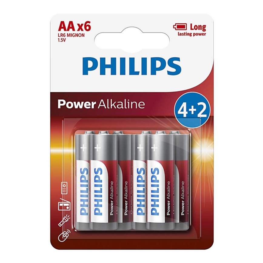 Philips LR6P6BP/10 - 6 gab Alkaline baterija AA POWER ALKALINE 1,5V 2600mAhV