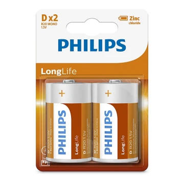 Philips R20L2B/10 - 2 gab  Cinka hlorīda baterija D LONGLIFE 1,5V 5000mAh