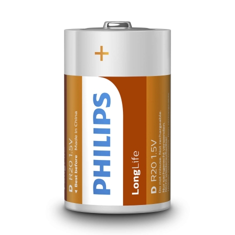 Philips R20L2F/10 - 2 gab  Cinka hlorīda baterija D LONGLIFE 1,5V 5000mAh