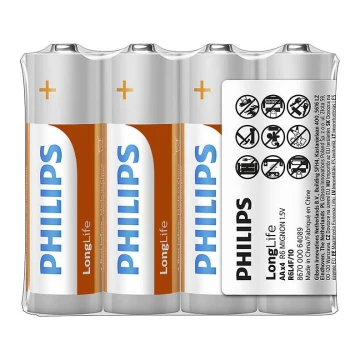 Philips R6L4F/10 - 4 gab  Cinka hlorīda baterija AA LONGLIFE 1,5V 900mAh