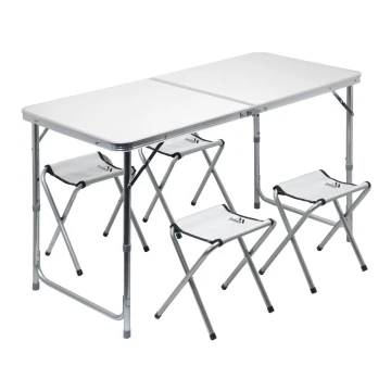 Saliekams kempinga galds + 4x krēsls balts/hroms