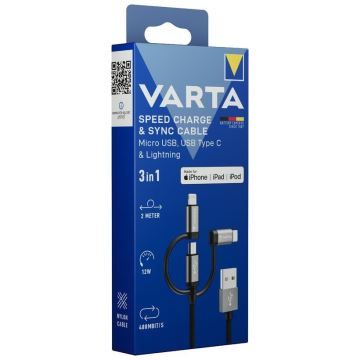 Varta 57937101111 - USB vads 3in1 ar savienojumu Lightning un Micro USB 2m