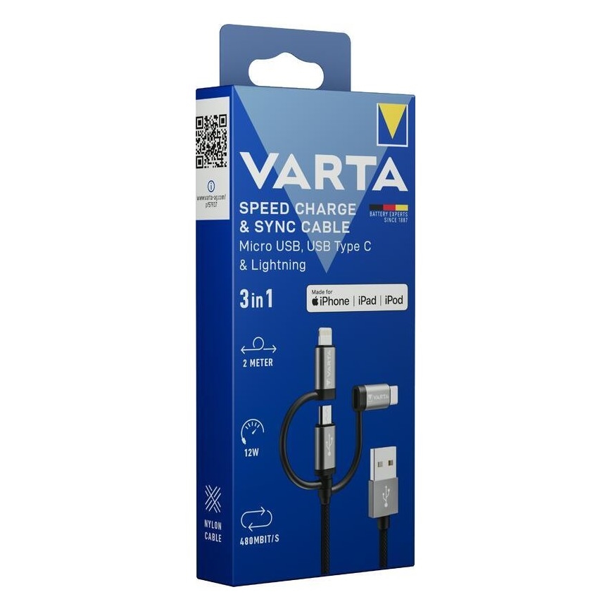 Varta 57937101111 - USB vads 3in1 ar savienojumu Lightning un Micro USB 2m